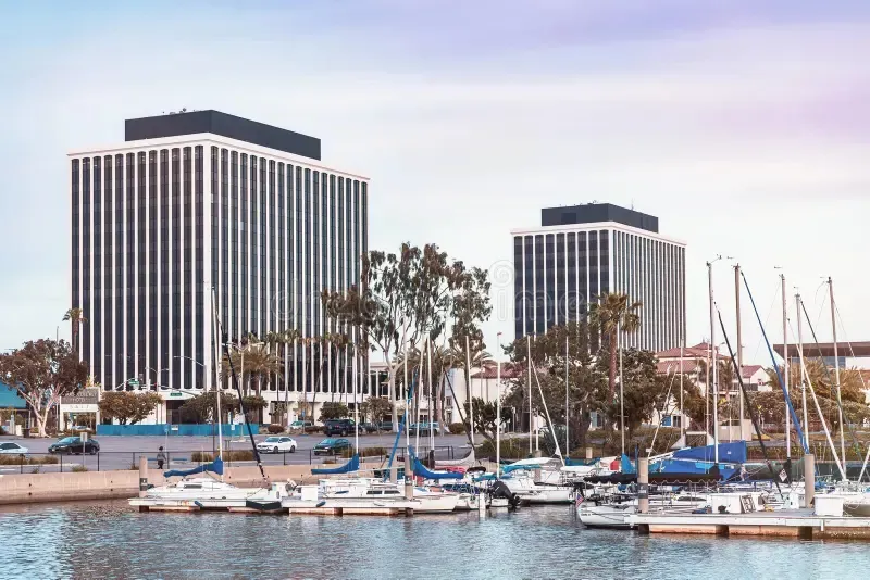 The office building at 4676 Admiralty Way beside the Marina del Rey waterfront.