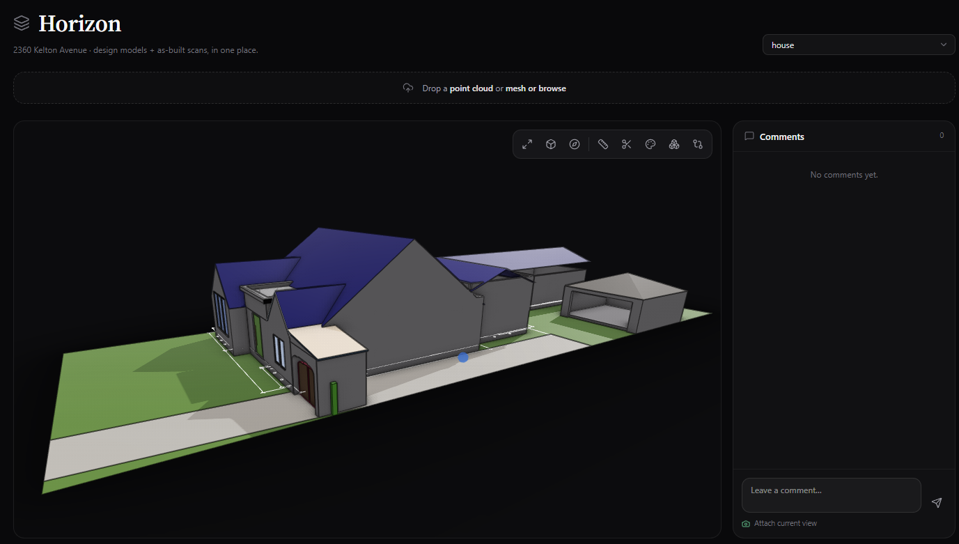 Horizon platform — 2360 Kelton design model rendered in the browser, version 'house', with a comments panel.