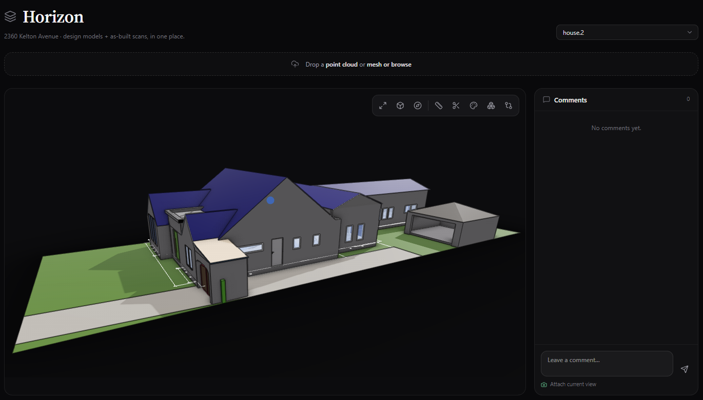 Horizon platform — a second version 'house.2' of the same 2360 Kelton model, versioned like a repo.