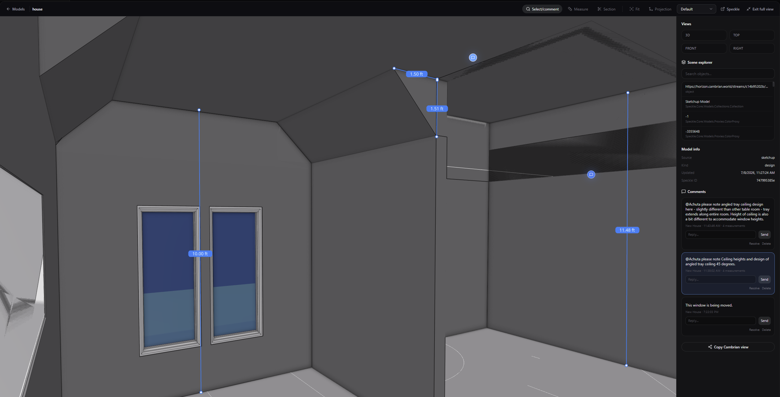 The Horizon 3D viewer showing measurements and comments attached to a view of the 2360 Kelton model.