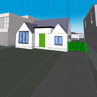 Model of 2360 Kelton with an open driveway and side fence, no porte cochère.