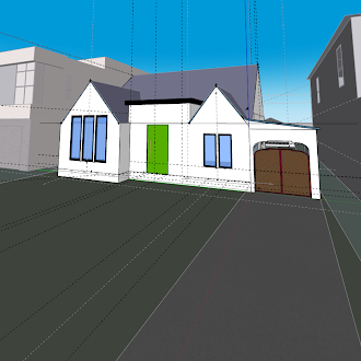 Model of 2360 Kelton with a covered porte cochère over the driveway.