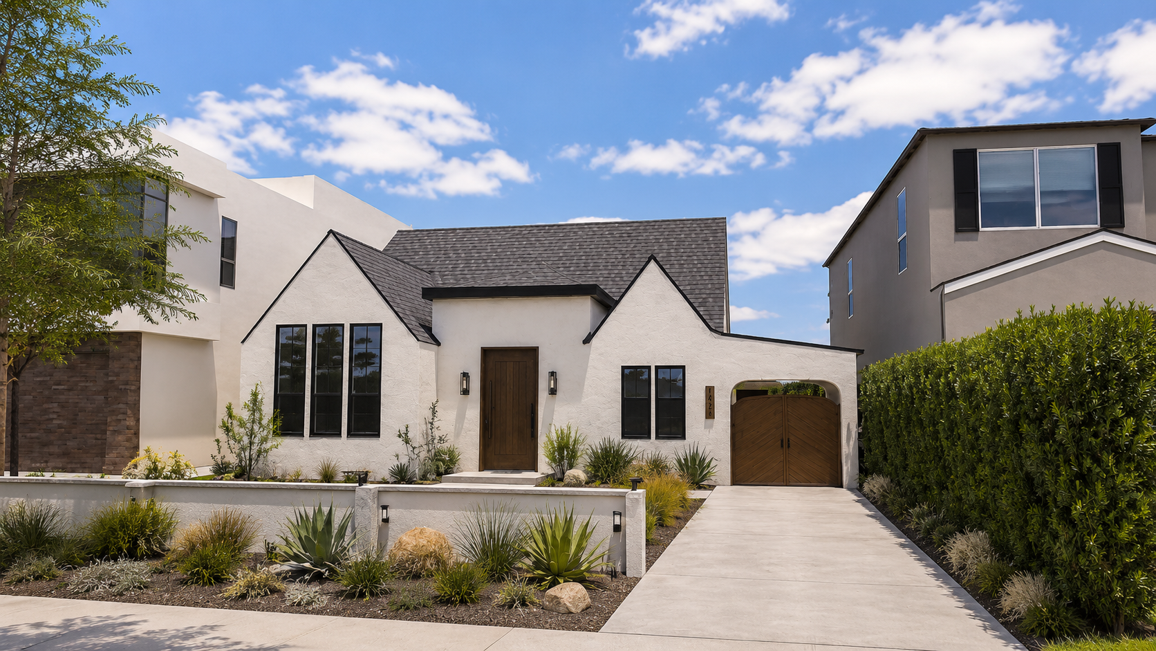 Style 1, white brick with dark shingle gables, arched wood porte cochère.