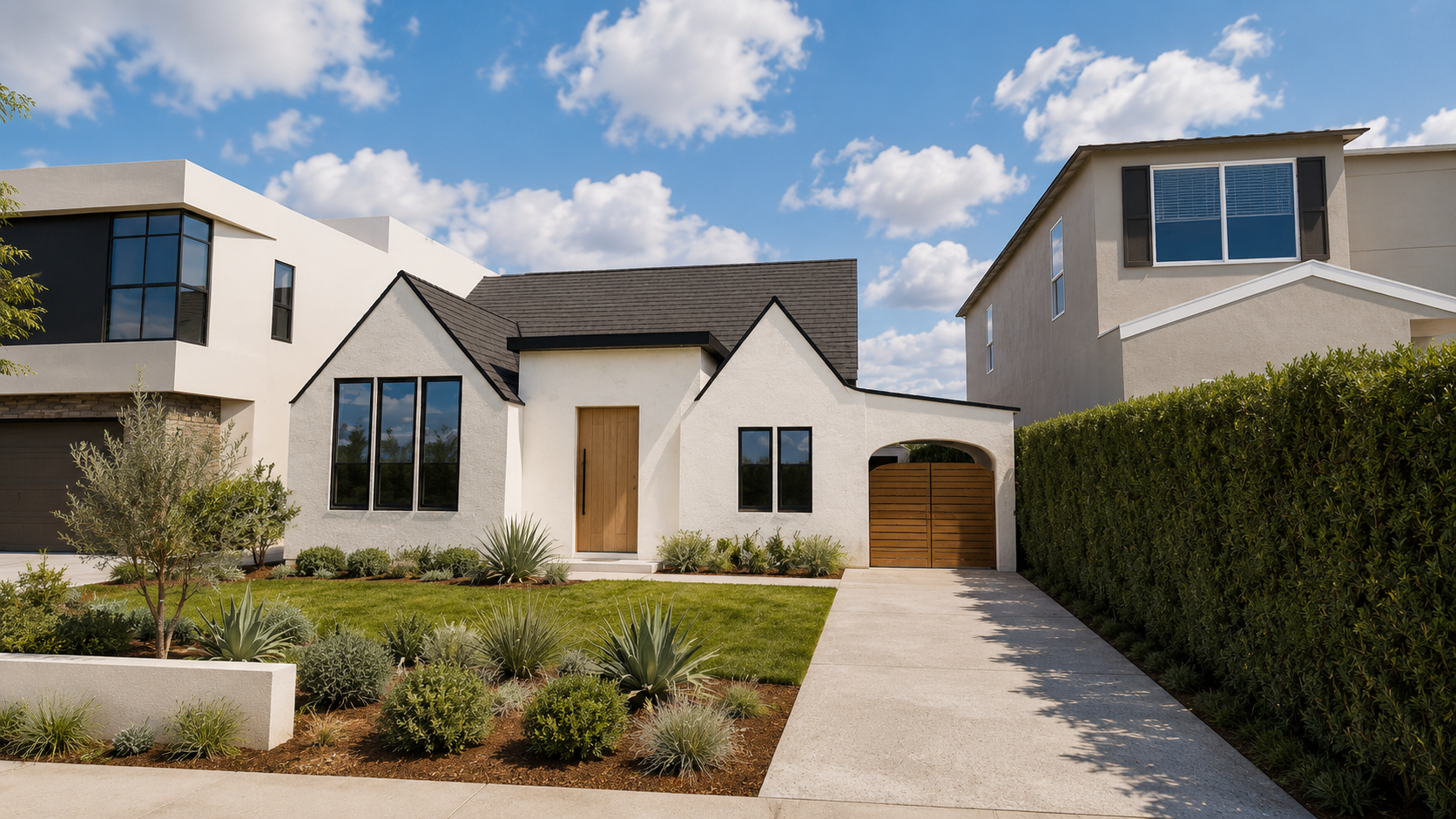Style 2, warm stucco with lawn and lighter roof, wood porte cochère.