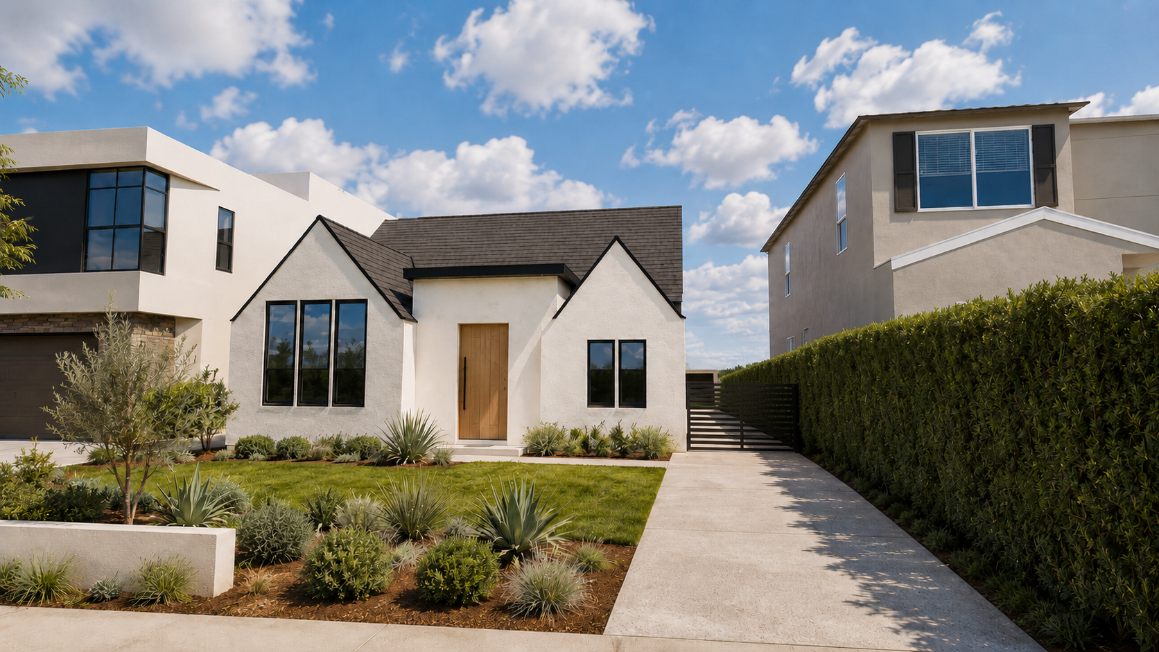 Style 2, warm stucco with lawn and lighter roof, open driveway.