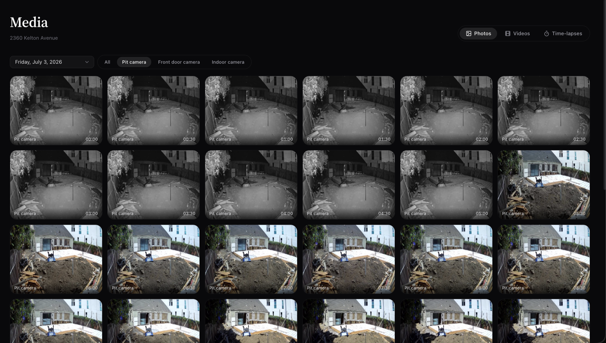 Sentinel Media tab — photo grid from the pit camera, July 3, 2026, half-hourly captures from midnight through noon.