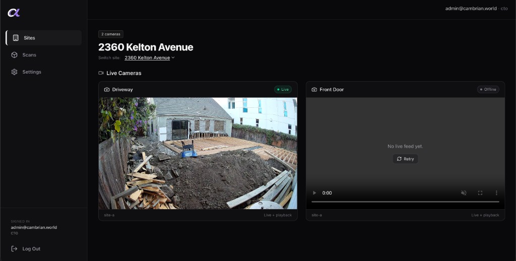 Sentinel dashboard — Sites view with live cameras at 2360 Kelton Avenue.