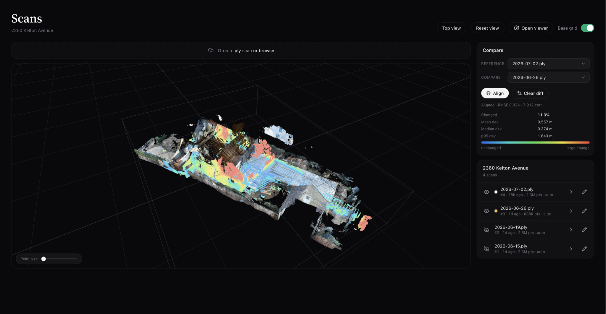Sentinel Scans tab — point-cloud diff between Jul 2 and Jun 26 captures, 11.3% changed, heatmap overlay.